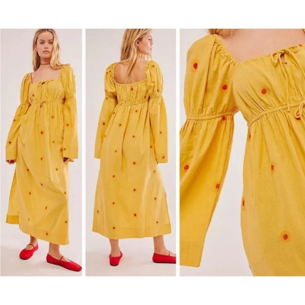 Free People Emory Embroidered Midi Dress, Yellow, S, NWOT